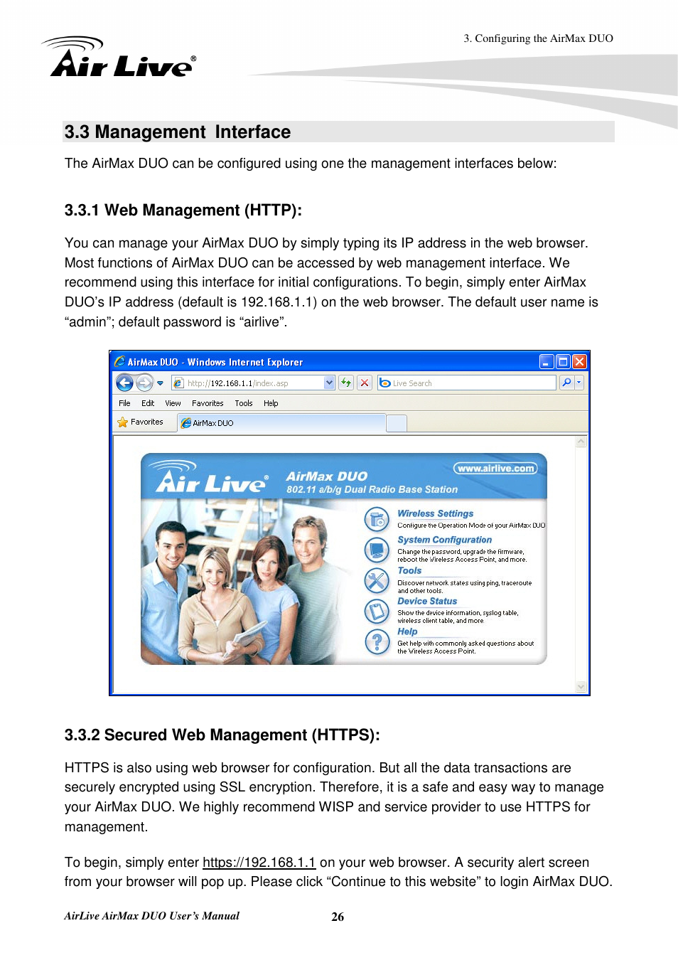 3 management interface, 1 web management (http), 2 secured web management (https) | AirLive AirMax DUO User Manual | Page 34 / 208