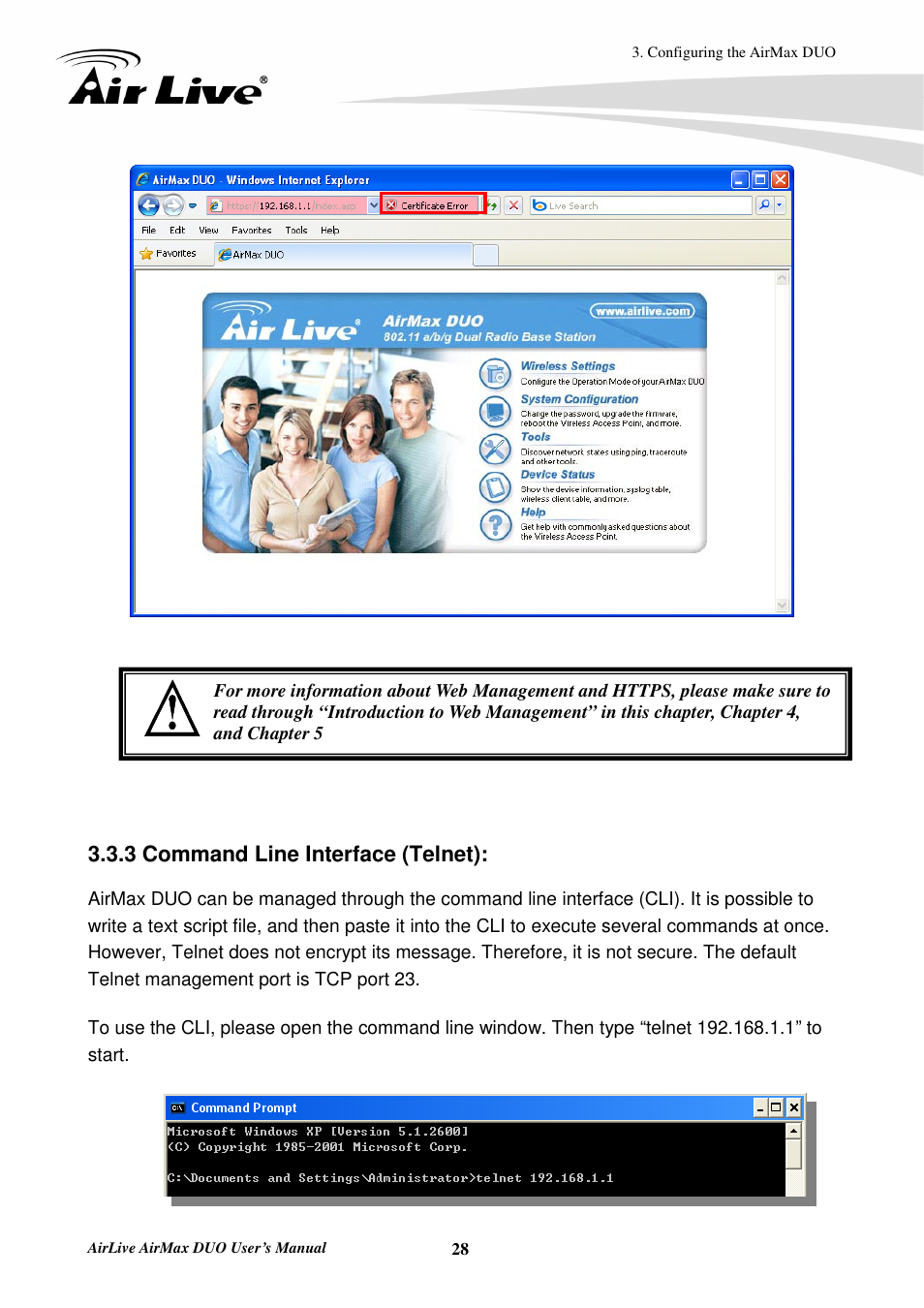 3 command line interface (telnet) | AirLive AirMax DUO User Manual | Page 36 / 208