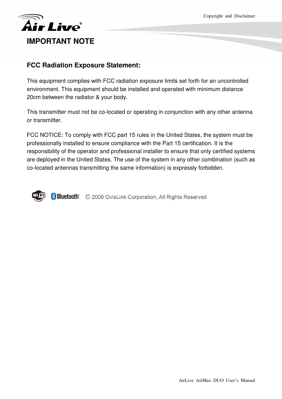 Fcc radiation exposure statement | AirLive AirMax DUO User Manual | Page 4 / 208