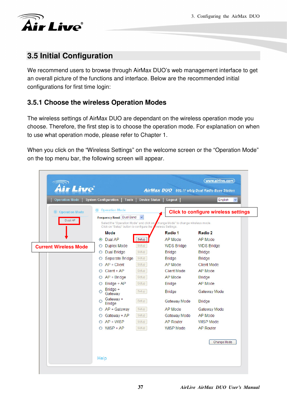 5 initial configuration, 1 choose the wireless operation modes | AirLive AirMax DUO User Manual | Page 45 / 208