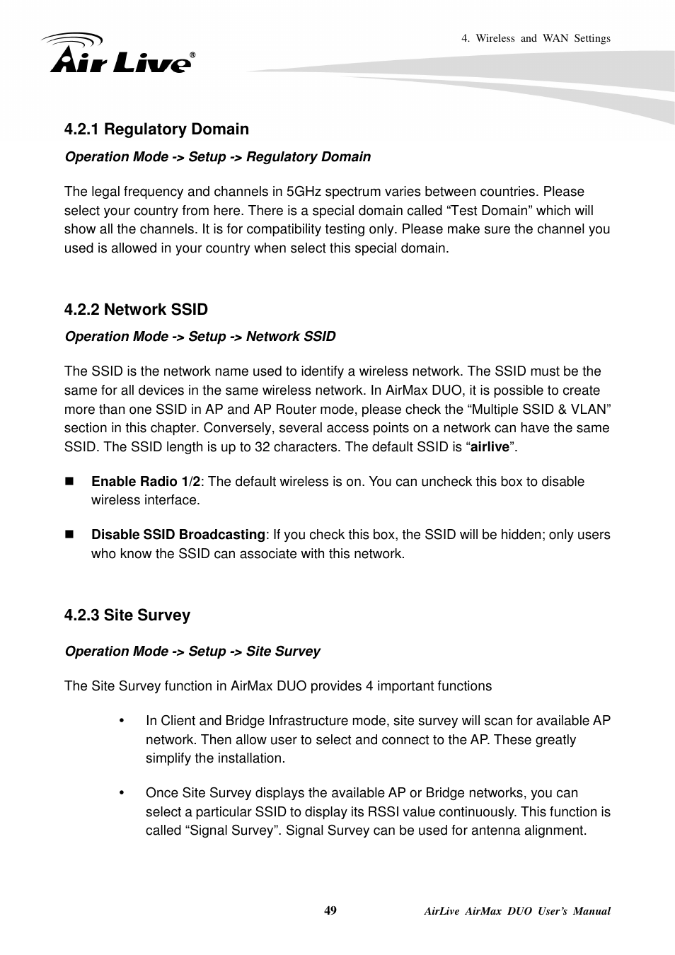 1 regulatory domain, 2 network ssid, 3 site survey | AirLive AirMax DUO User Manual | Page 57 / 208
