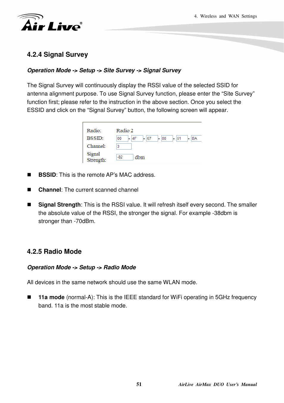 4 signal survey, 5 radio mode | AirLive AirMax DUO User Manual | Page 59 / 208