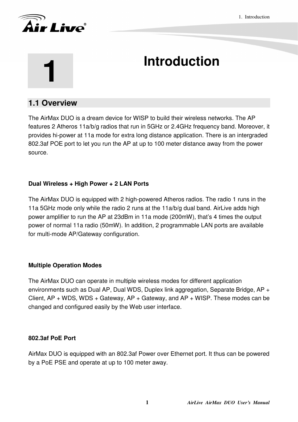Introduction, 1 overview | AirLive AirMax DUO User Manual | Page 9 / 208