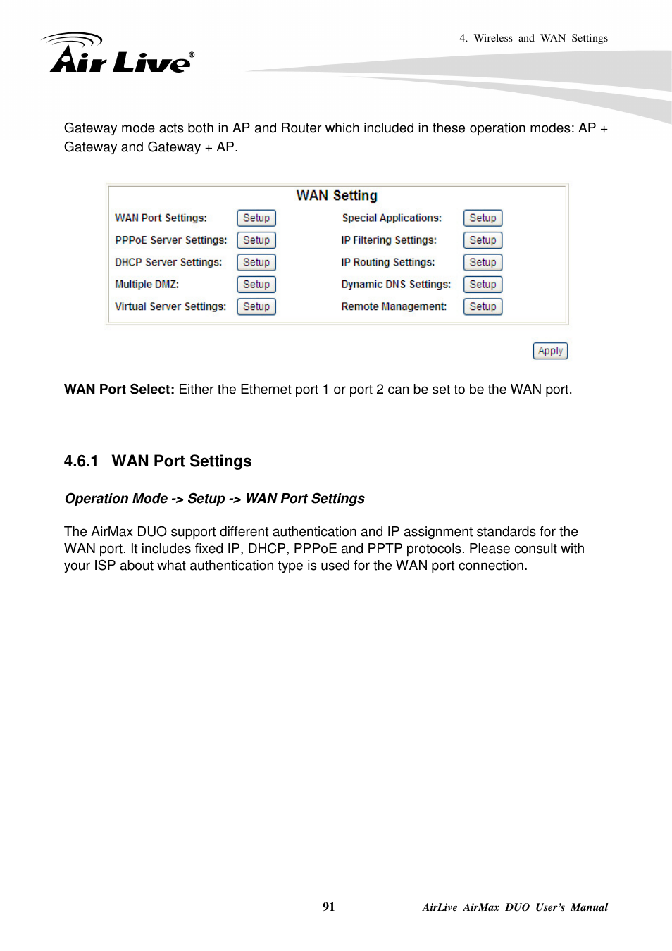 1 wan port settings | AirLive AirMax DUO User Manual | Page 99 / 208