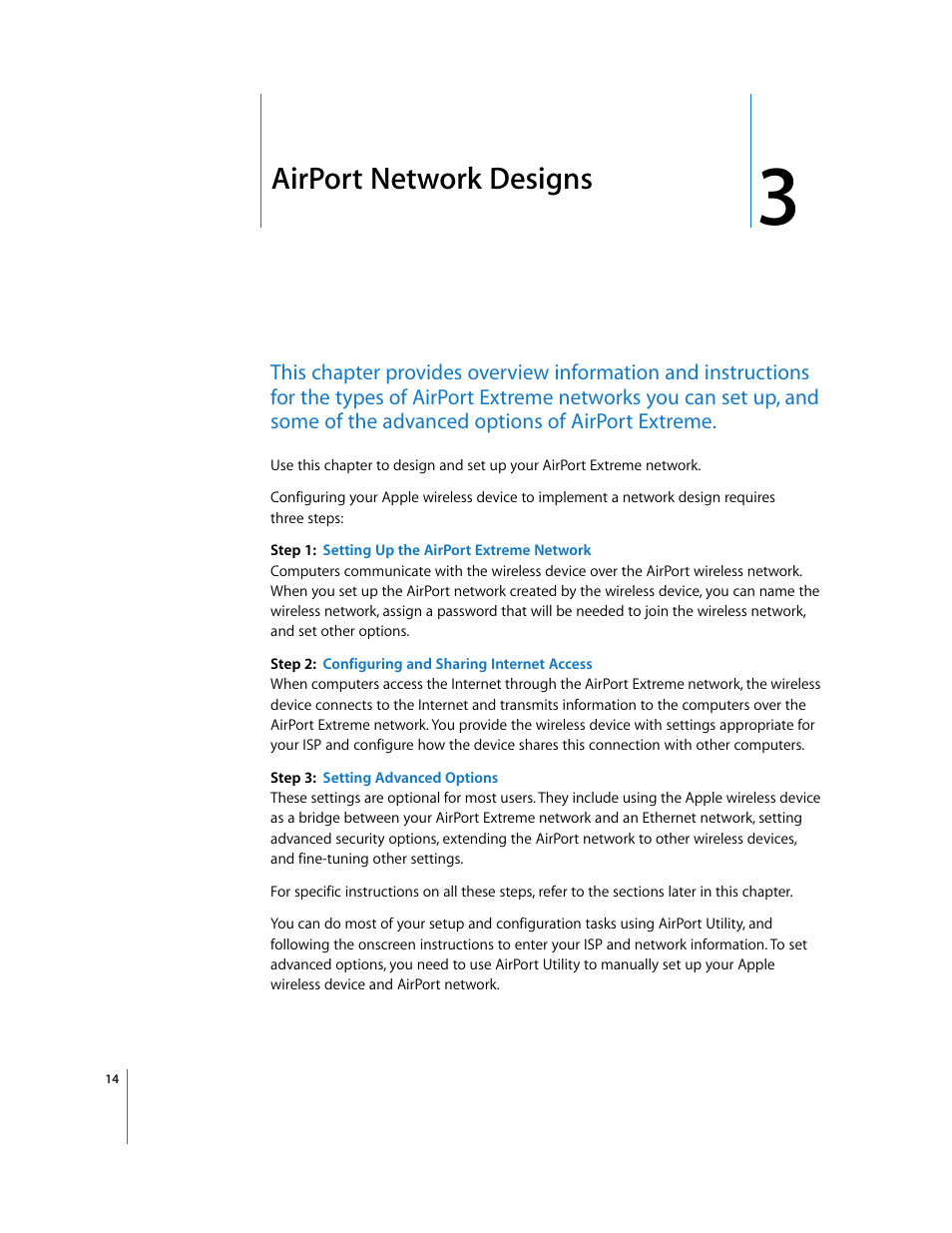 Airport network designs, Chapter 3 | Apple AirPort Networks User Manual | Page 14 / 72