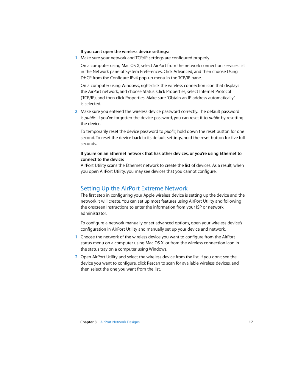 Setting up the airportextreme network, Setting up the airport extreme network | Apple AirPort Networks User Manual | Page 17 / 72