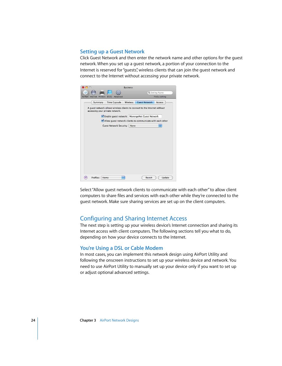 Configuring and sharing internet access | Apple AirPort Networks User Manual | Page 24 / 72