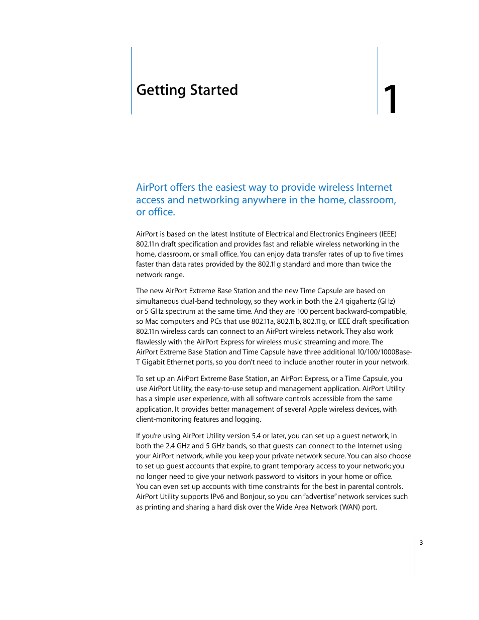 Getting started, Chapter 1 | Apple AirPort Networks User Manual | Page 3 / 72