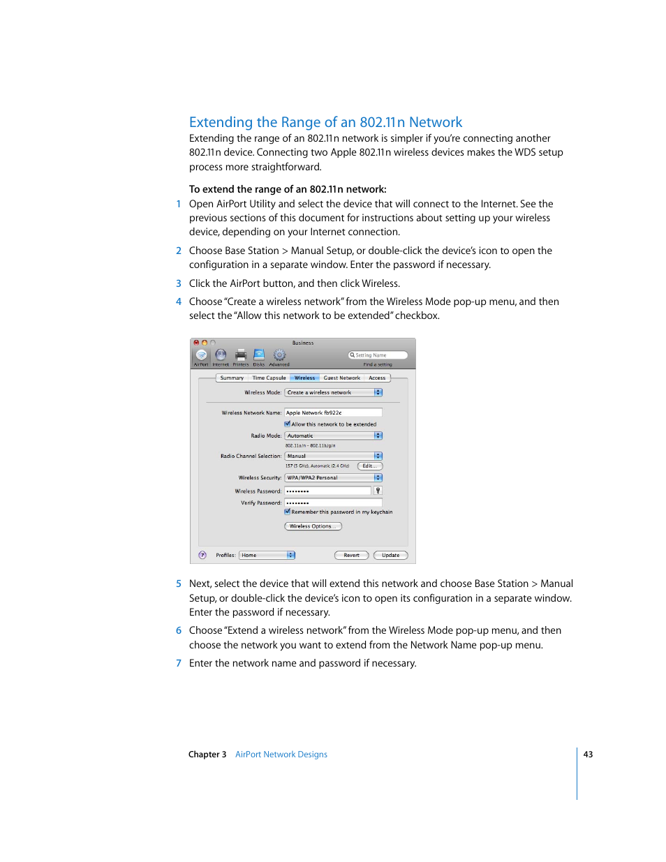 Extending the range of an 802.11n network | Apple AirPort Networks User Manual | Page 43 / 72