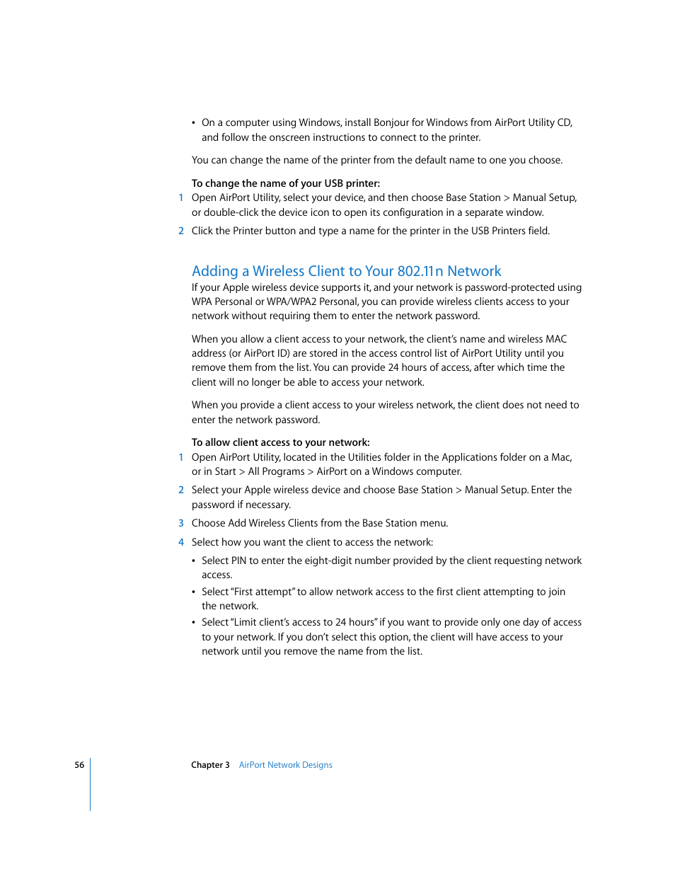 Adding a wireless client to your 802.11n network | Apple AirPort Networks User Manual | Page 56 / 72