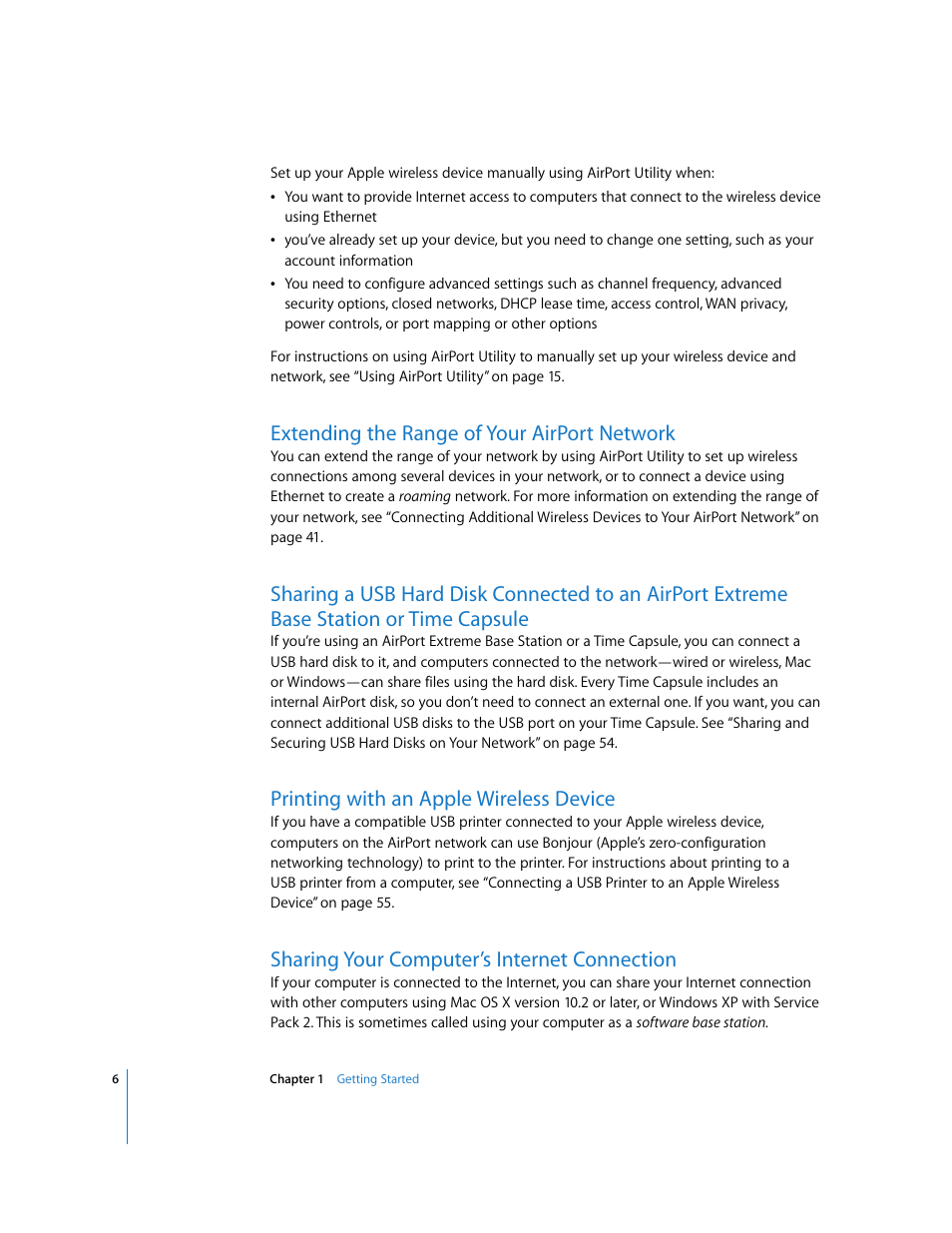 Extending the range of your airport network, Printing with an apple wireless device, Sharing your computer’s internet connection | Apple AirPort Networks User Manual | Page 6 / 72