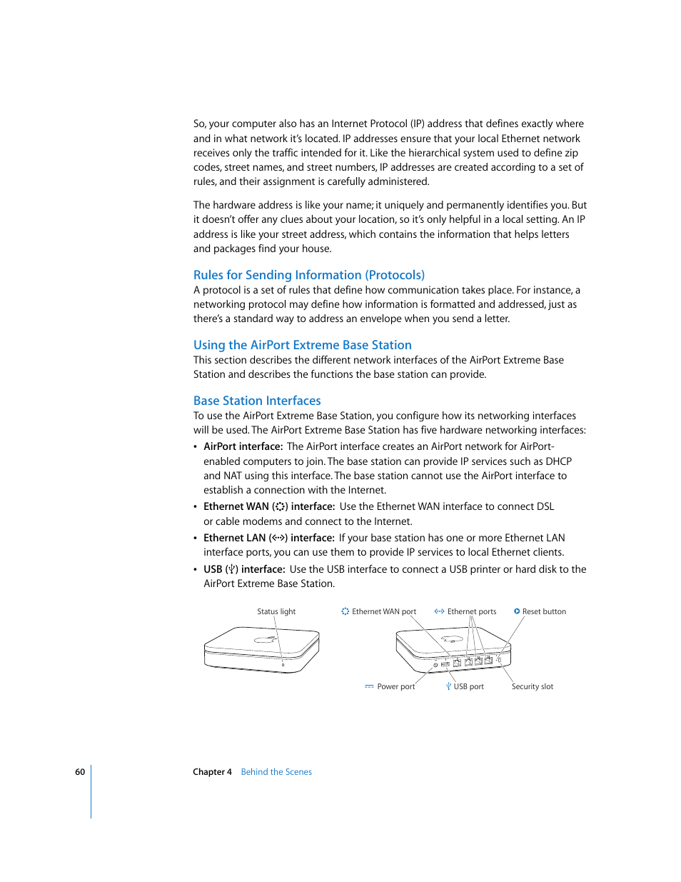 Rules for sending information (protocols), Using the airport extreme base station, Base station interfaces | Apple AirPort Networks User Manual | Page 60 / 72