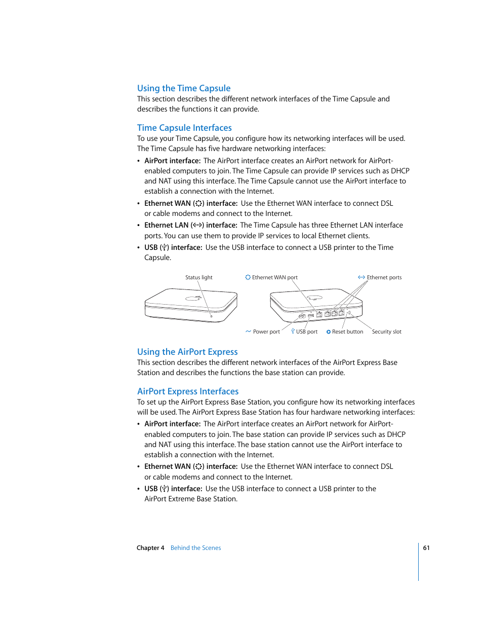 Using the time capsule, Time capsule interfaces, Using the airport express | Airport express interfaces | Apple AirPort Networks User Manual | Page 61 / 72