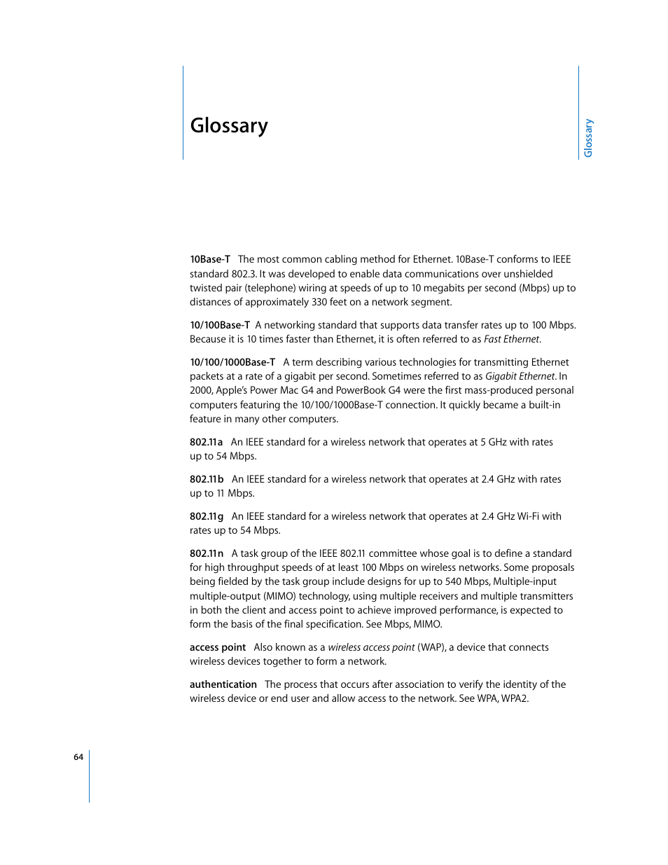 Glossary | Apple AirPort Networks User Manual | Page 64 / 72