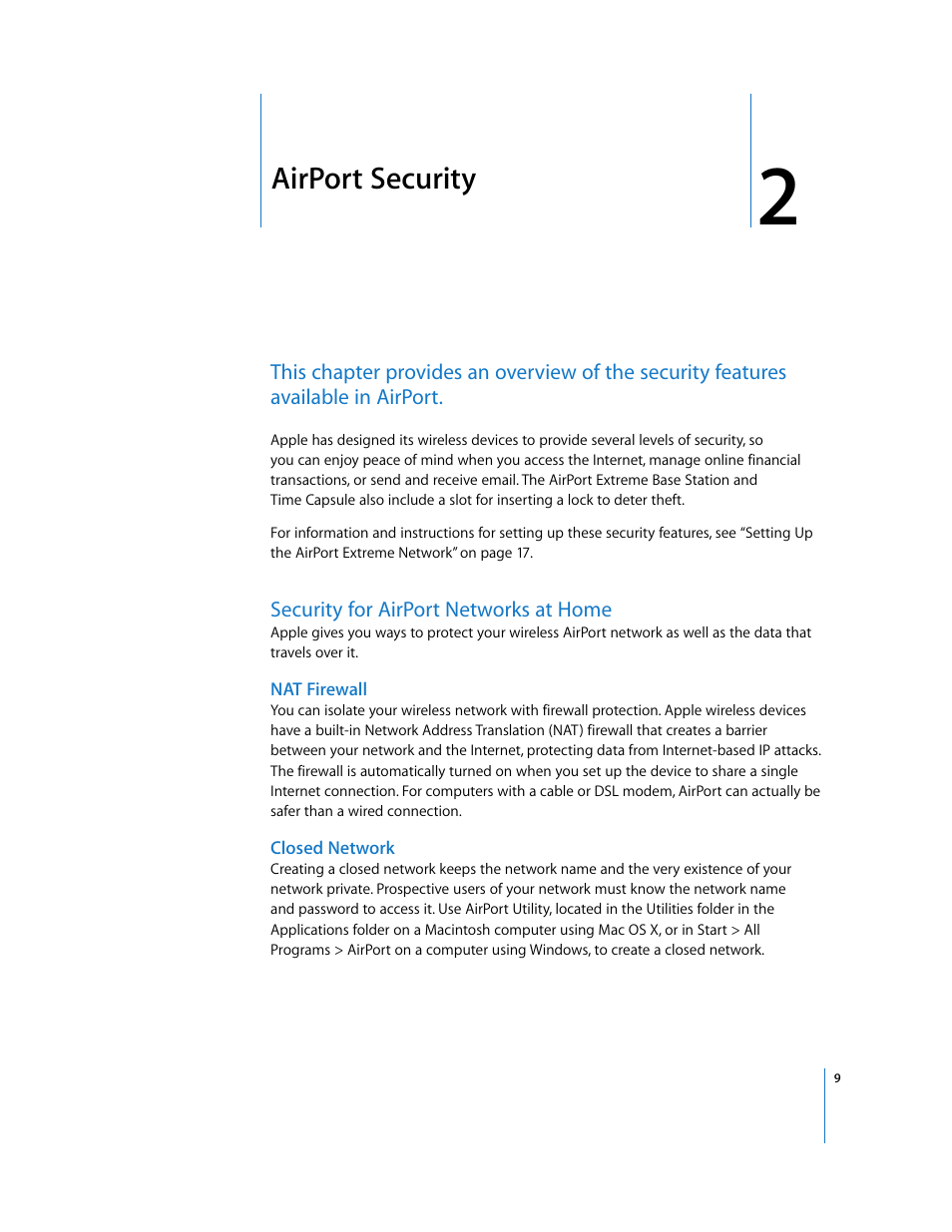 Airport security, Security for airport networks at home, Chapter 2 | Apple AirPort Networks User Manual | Page 9 / 72