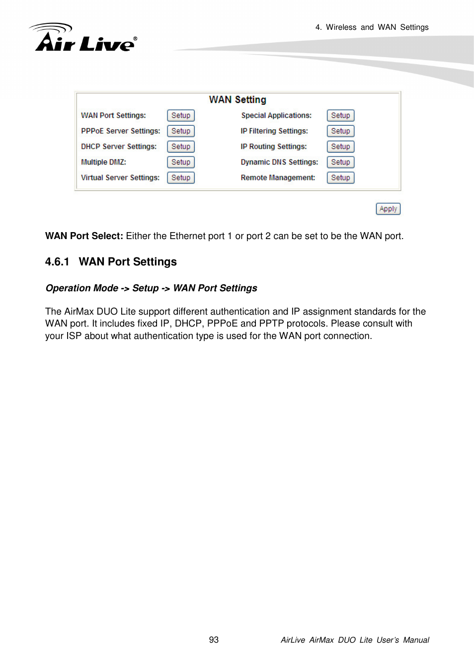 1 wan port settings | AirLive AirMax DUO Lite User Manual | Page 101 / 207