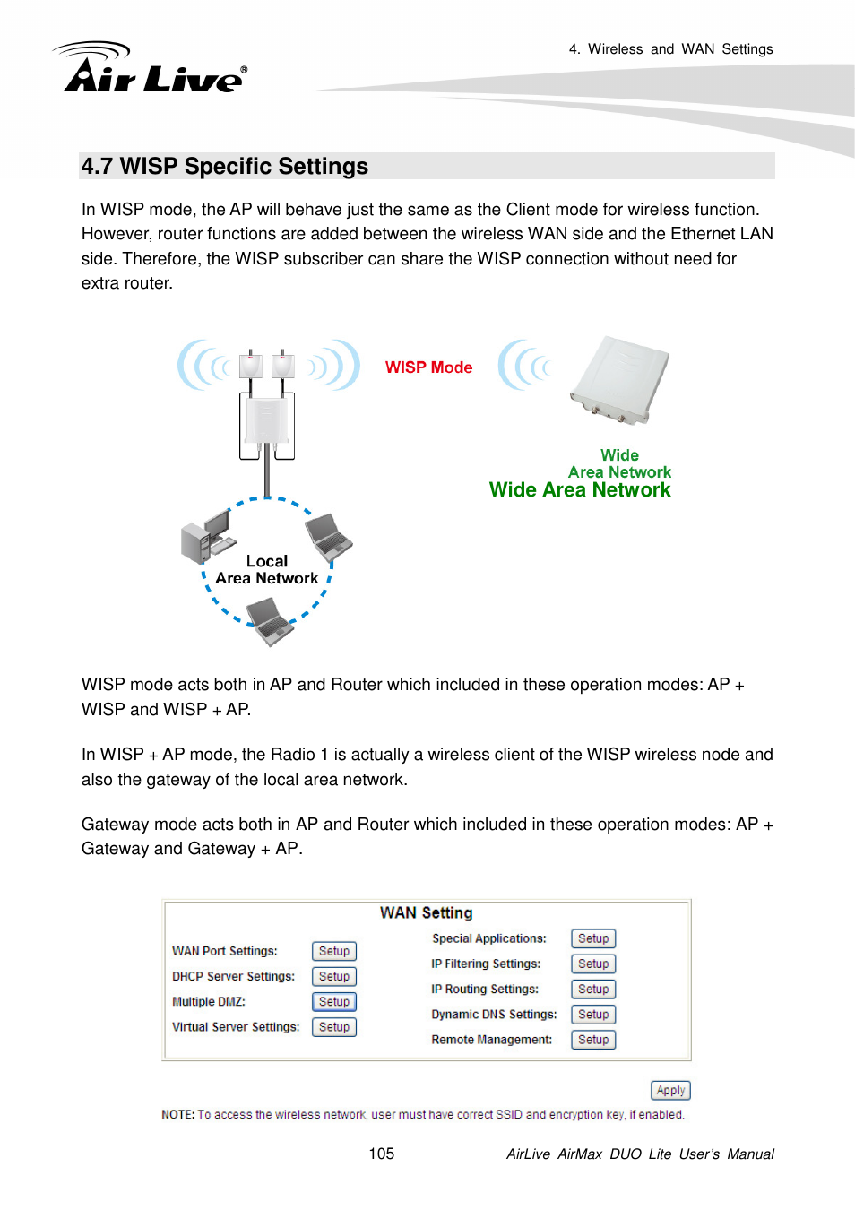 7 wisp specific settings, Wide area network | AirLive AirMax DUO Lite User Manual | Page 113 / 207