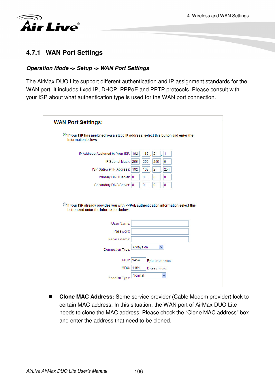 1 wan port settings | AirLive AirMax DUO Lite User Manual | Page 114 / 207