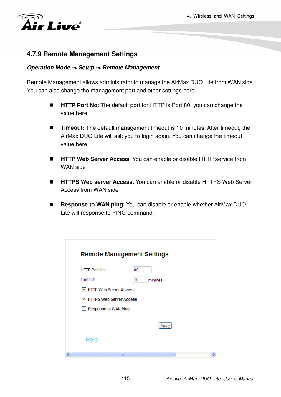 9 remote management settings | AirLive AirMax DUO Lite User Manual | Page 123 / 207