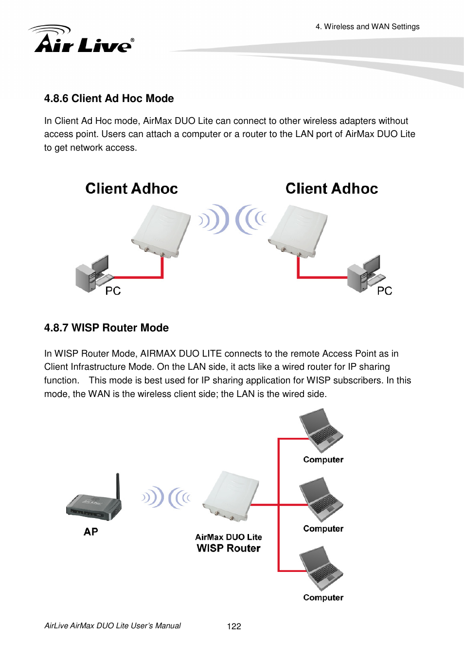 6 client ad hoc mode, 7 wisp router mode | AirLive AirMax DUO Lite User Manual | Page 130 / 207