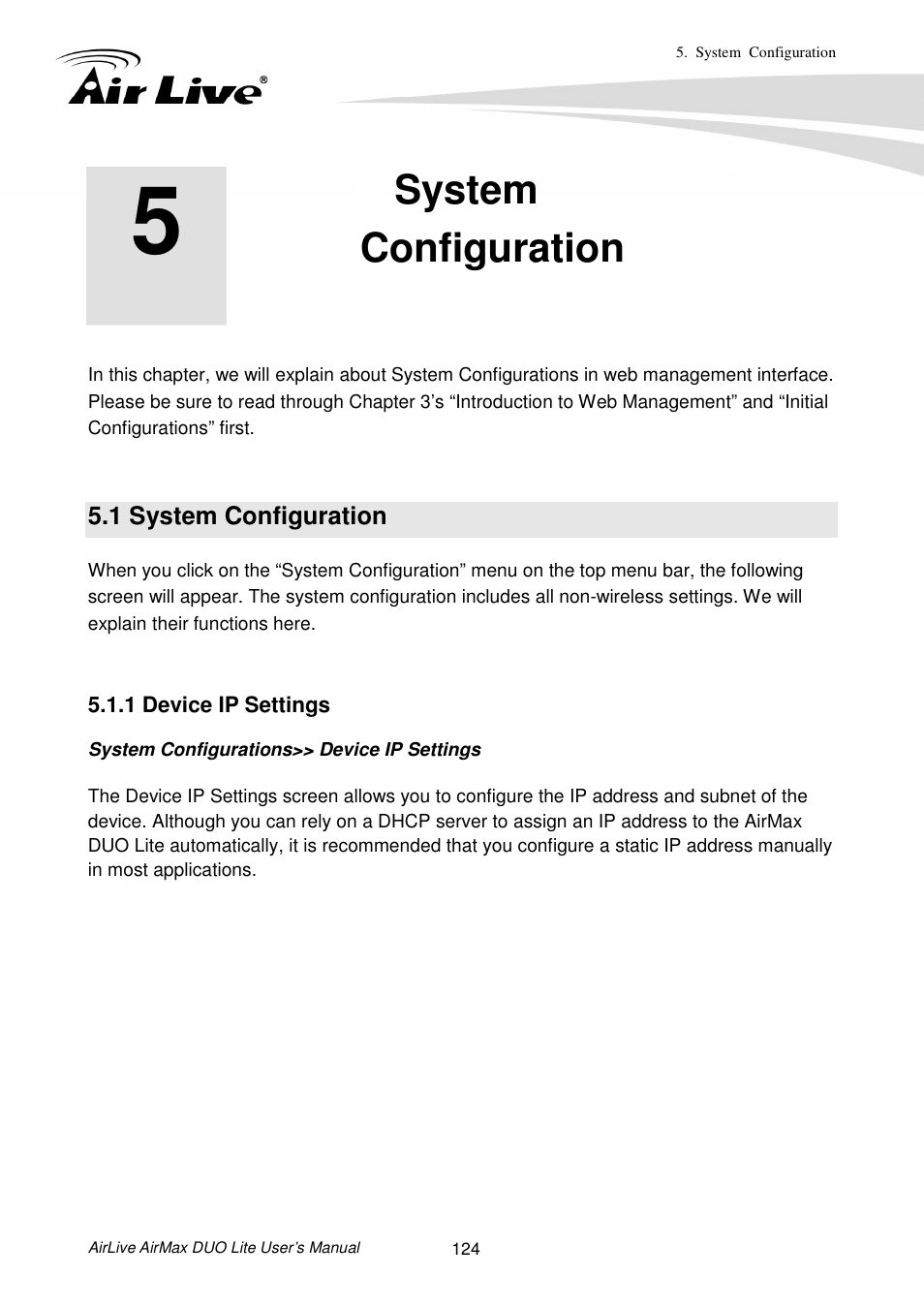 Systemconfiguration, 1 system configuration, 1 device ip settings | System configuration | AirLive AirMax DUO Lite User Manual | Page 132 / 207