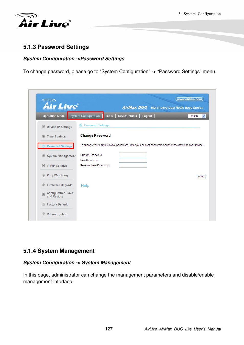 3 password settings, 4 system management | AirLive AirMax DUO Lite User Manual | Page 135 / 207