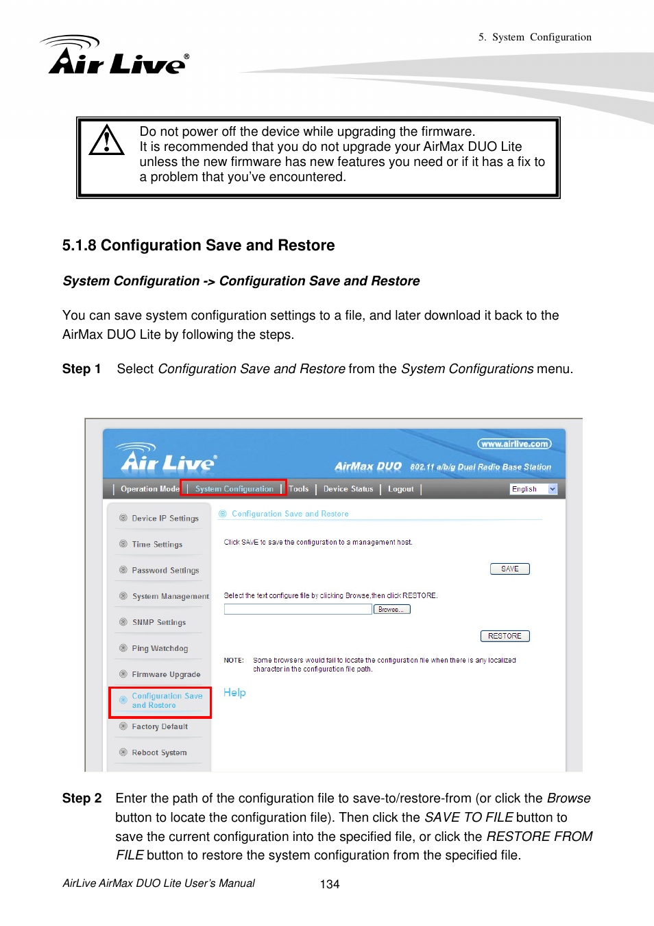 8 configuration save and restore | AirLive AirMax DUO Lite User Manual | Page 142 / 207
