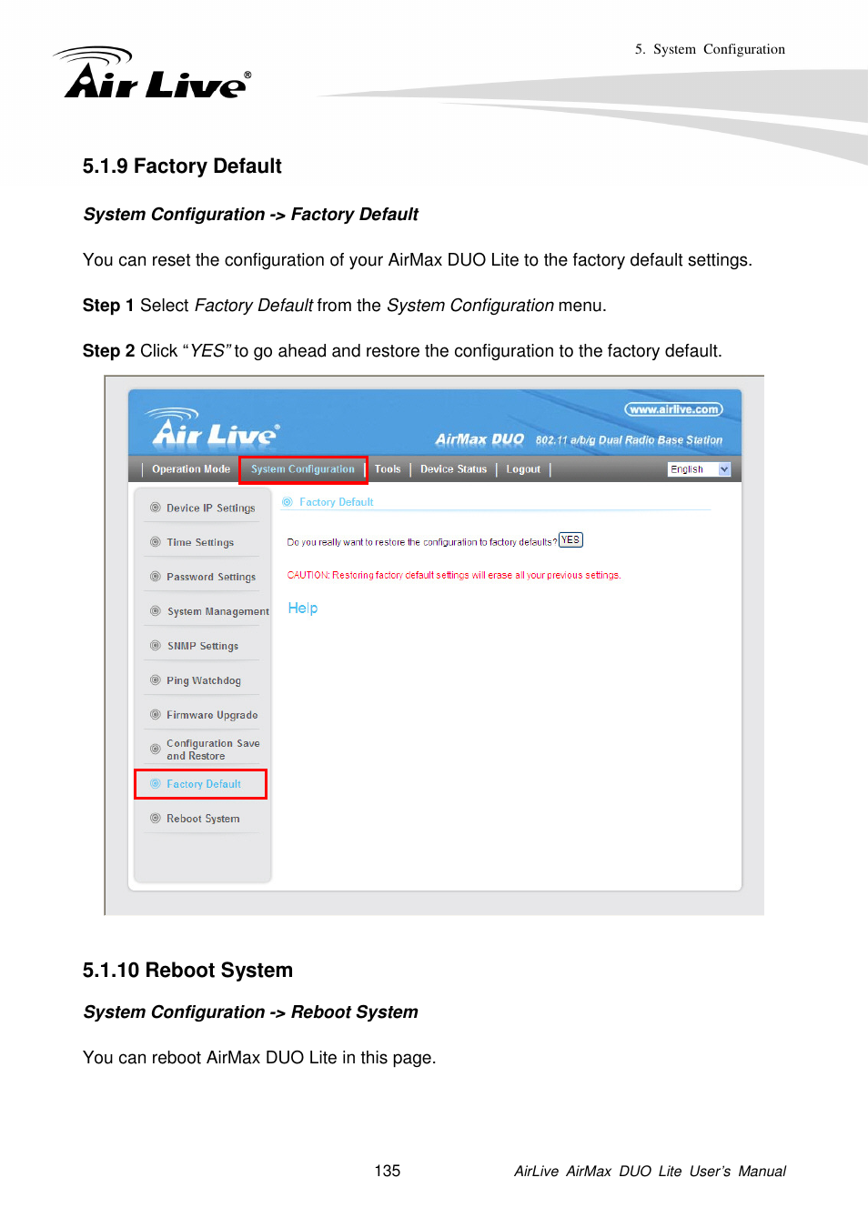9 factory default, 10 reboot system | AirLive AirMax DUO Lite User Manual | Page 143 / 207