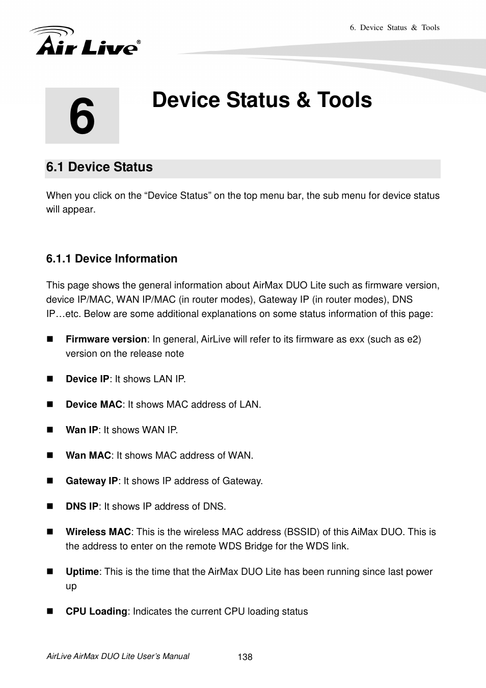 Device status & tools, 1 device status, 1 device information | AirLive AirMax DUO Lite User Manual | Page 146 / 207