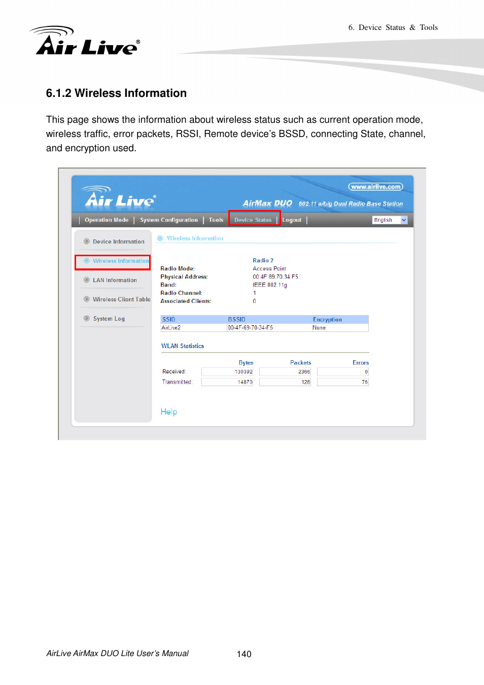 2 wireless information | AirLive AirMax DUO Lite User Manual | Page 148 / 207