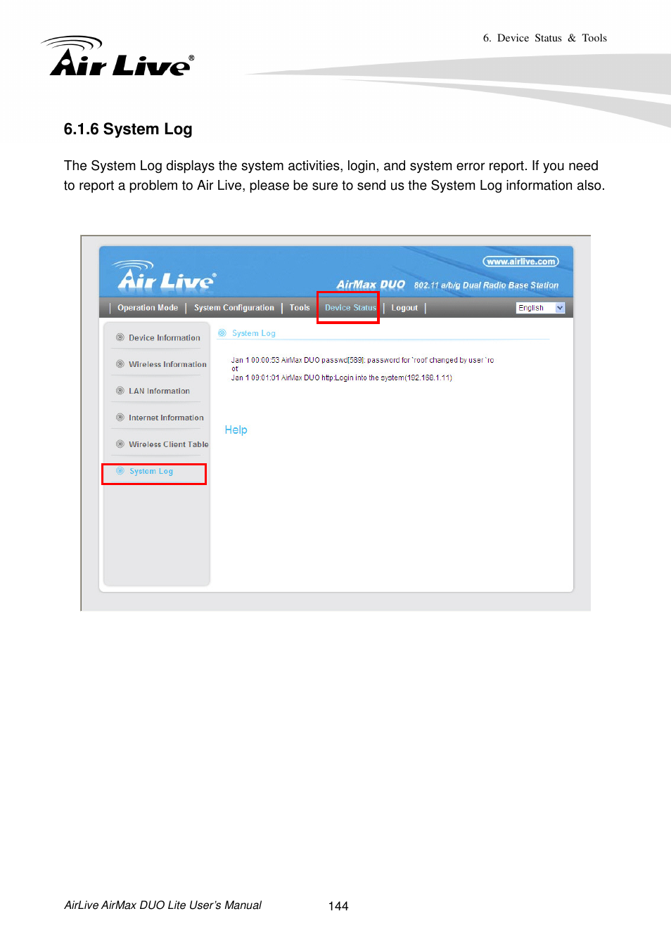 6 system log | AirLive AirMax DUO Lite User Manual | Page 152 / 207