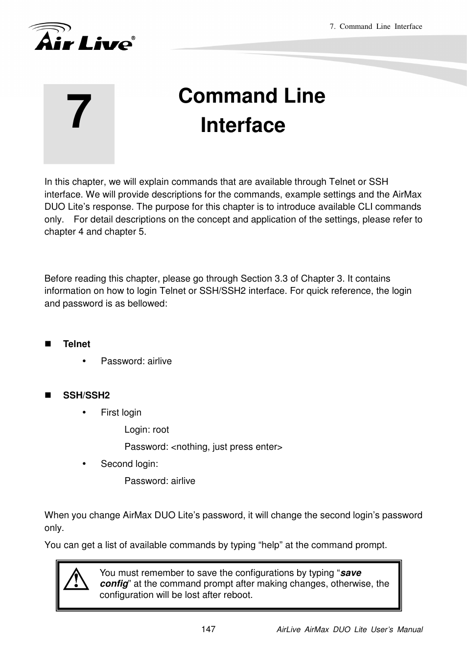 Command lineinterface, Command line interface | AirLive AirMax DUO Lite User Manual | Page 155 / 207