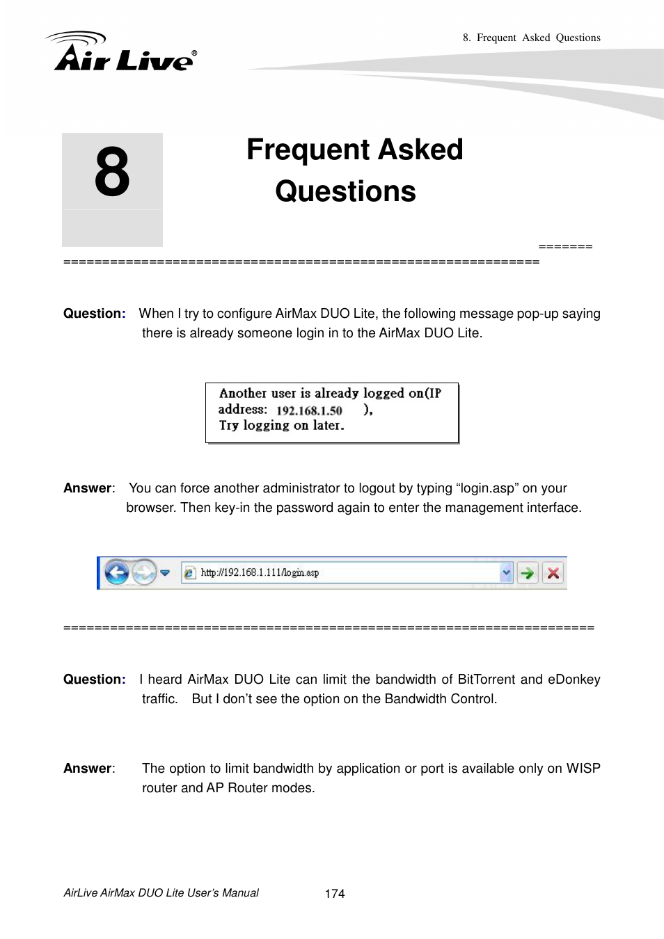 Frequent askedquestions, Frequent asked questions | AirLive AirMax DUO Lite User Manual | Page 182 / 207