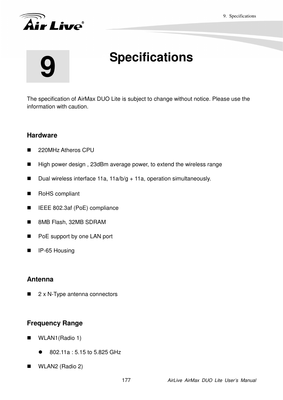 Specifications | AirLive AirMax DUO Lite User Manual | Page 185 / 207