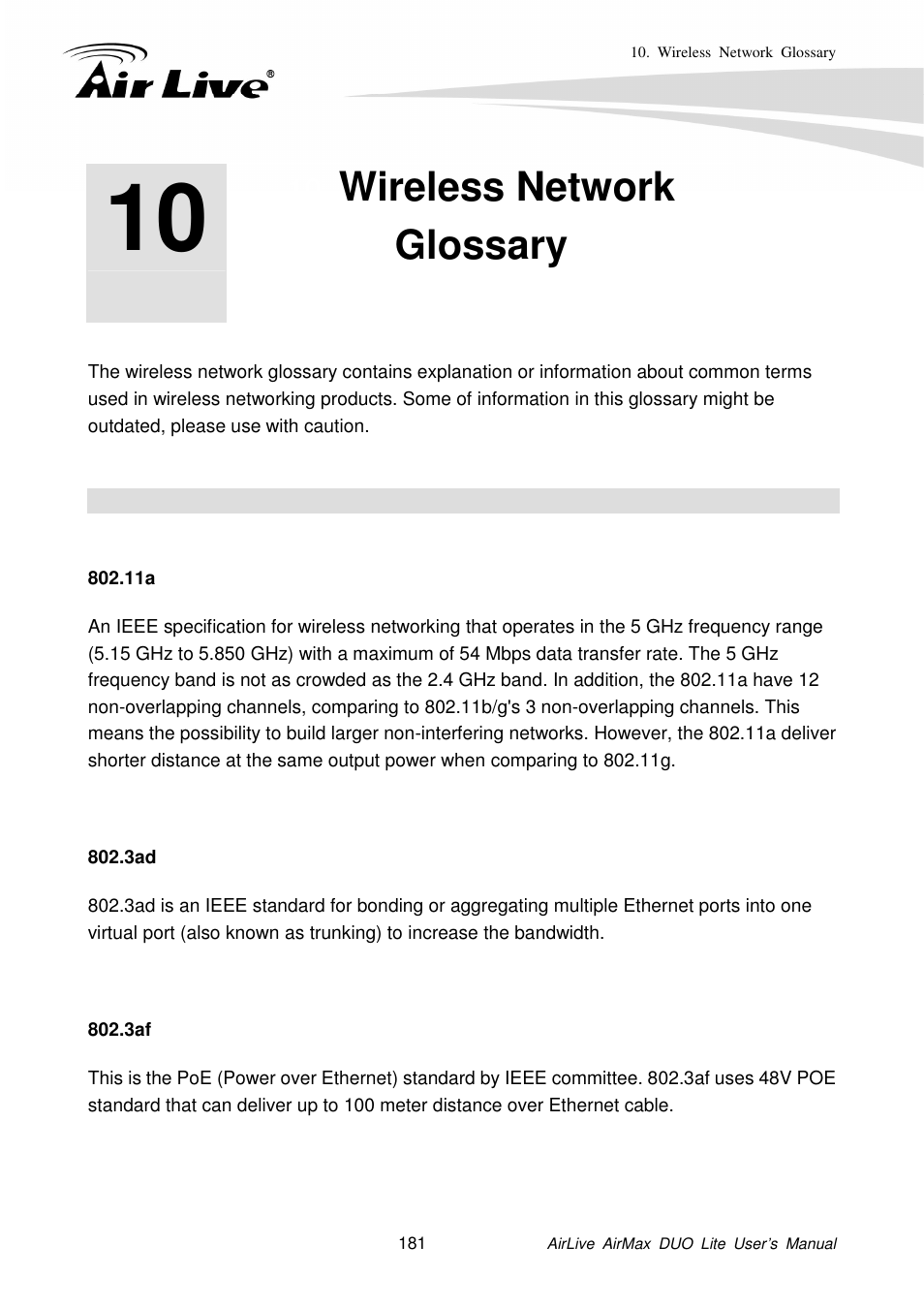 Wireless networkglossary, Wireless network glossary | AirLive AirMax DUO Lite User Manual | Page 189 / 207