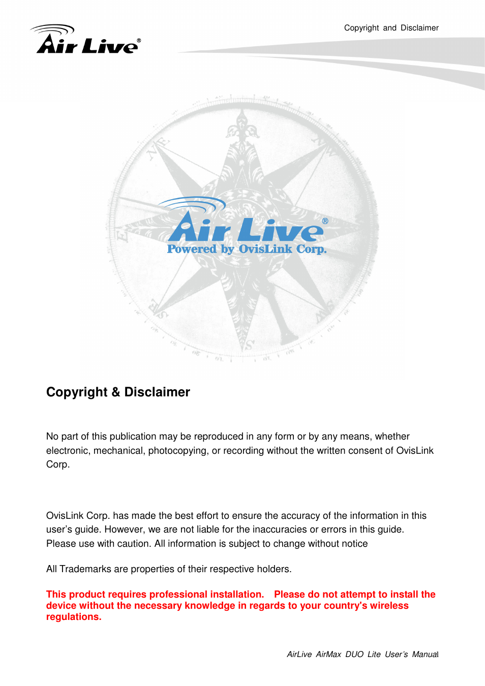 Copyright & disclaimer | AirLive AirMax DUO Lite User Manual | Page 2 / 207