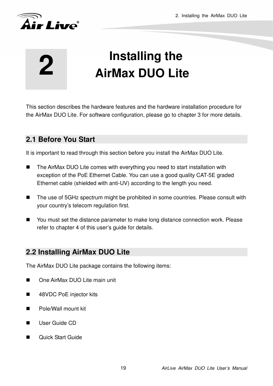 Installing theairmax duo lite, 1 before you start, 2 installing airmax duo lite | Installing the airmax duo lite | AirLive AirMax DUO Lite User Manual | Page 27 / 207