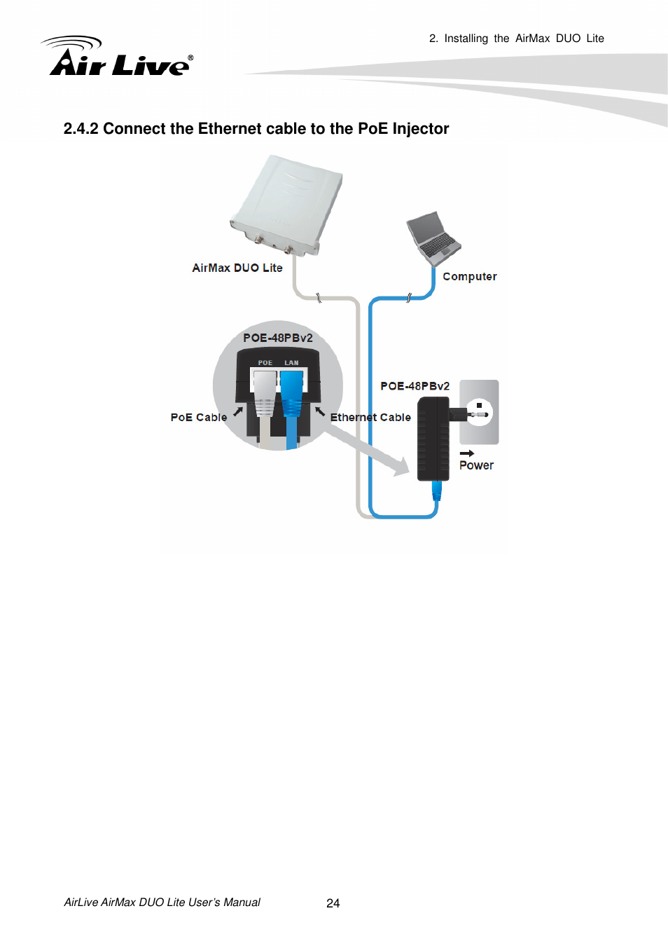 2 connect the ethernet cable to the poe injector | AirLive AirMax DUO Lite User Manual | Page 32 / 207