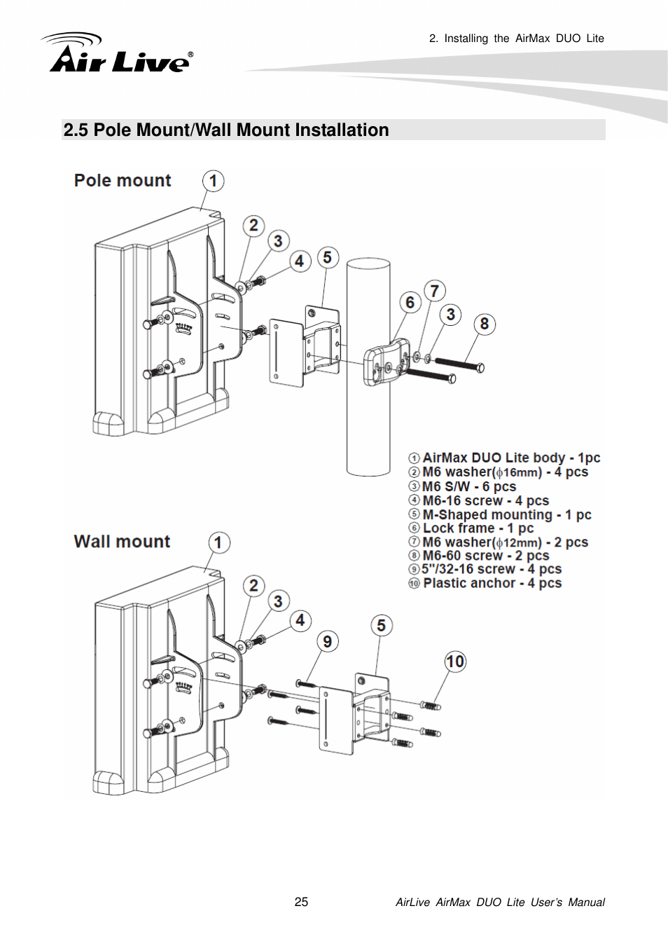 5 pole mount/wall mount installation | AirLive AirMax DUO Lite User Manual | Page 33 / 207