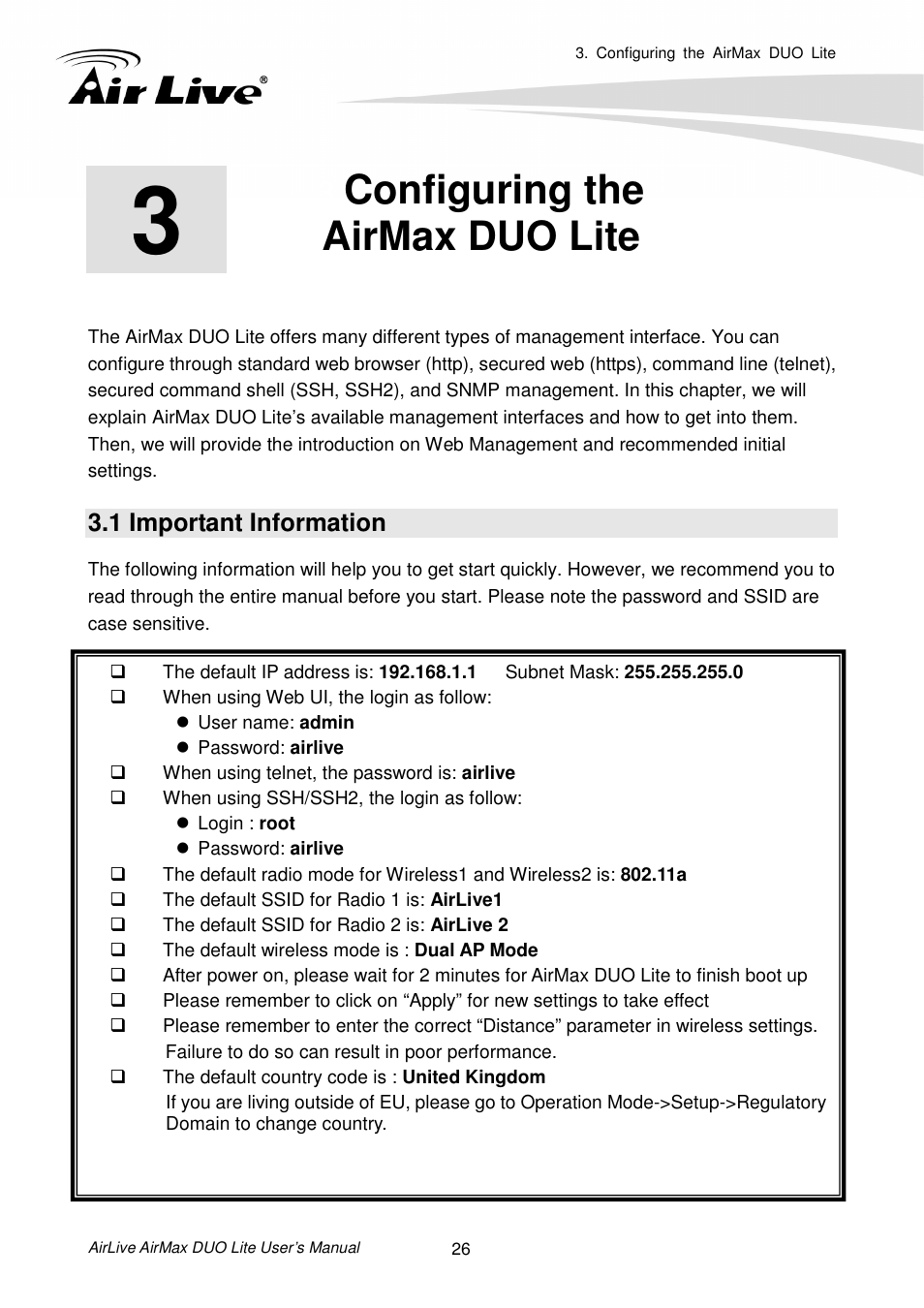 Configuring theairmax duo lite, 1 important information, Configuring the airmax duo lite | AirLive AirMax DUO Lite User Manual | Page 34 / 207