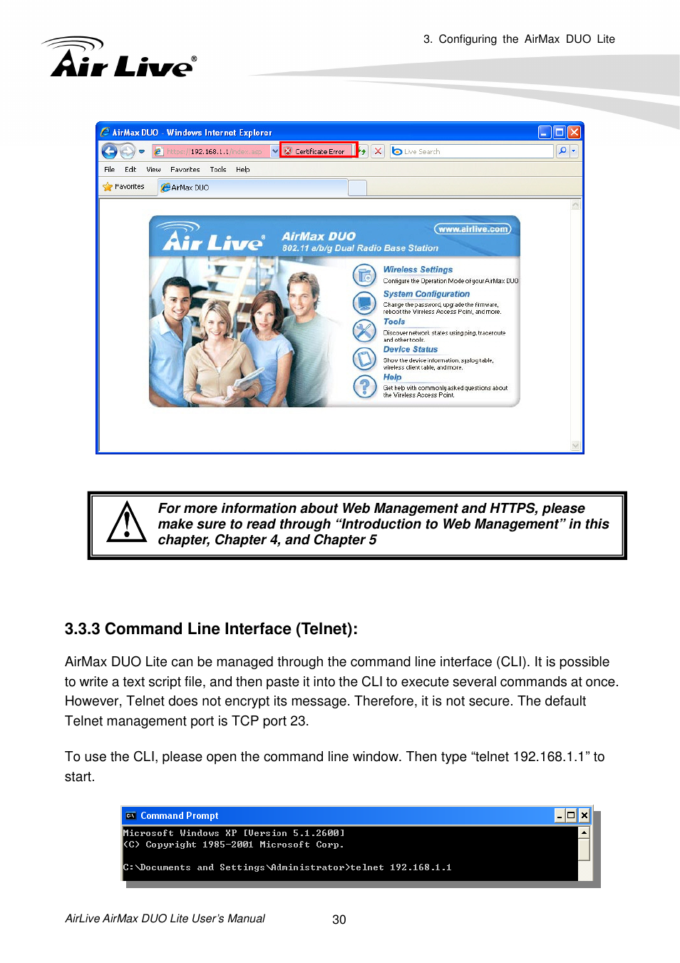 3 command line interface (telnet) | AirLive AirMax DUO Lite User Manual | Page 38 / 207