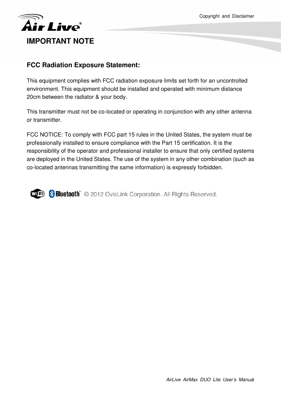 Fcc radiation exposure statement | AirLive AirMax DUO Lite User Manual | Page 4 / 207