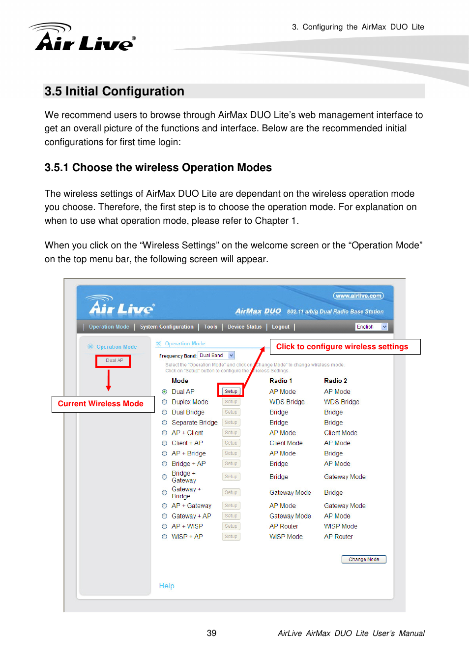 5 initial configuration, 1 choose the wireless operation modes | AirLive AirMax DUO Lite User Manual | Page 47 / 207