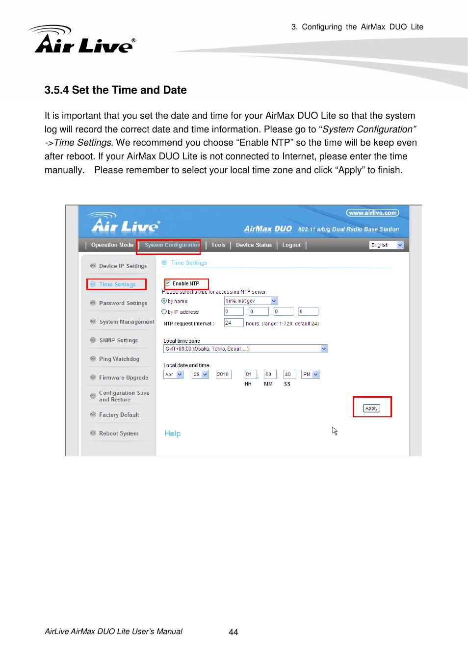 4 set the time and date, 5 change system management | AirLive AirMax DUO Lite User Manual | Page 52 / 207