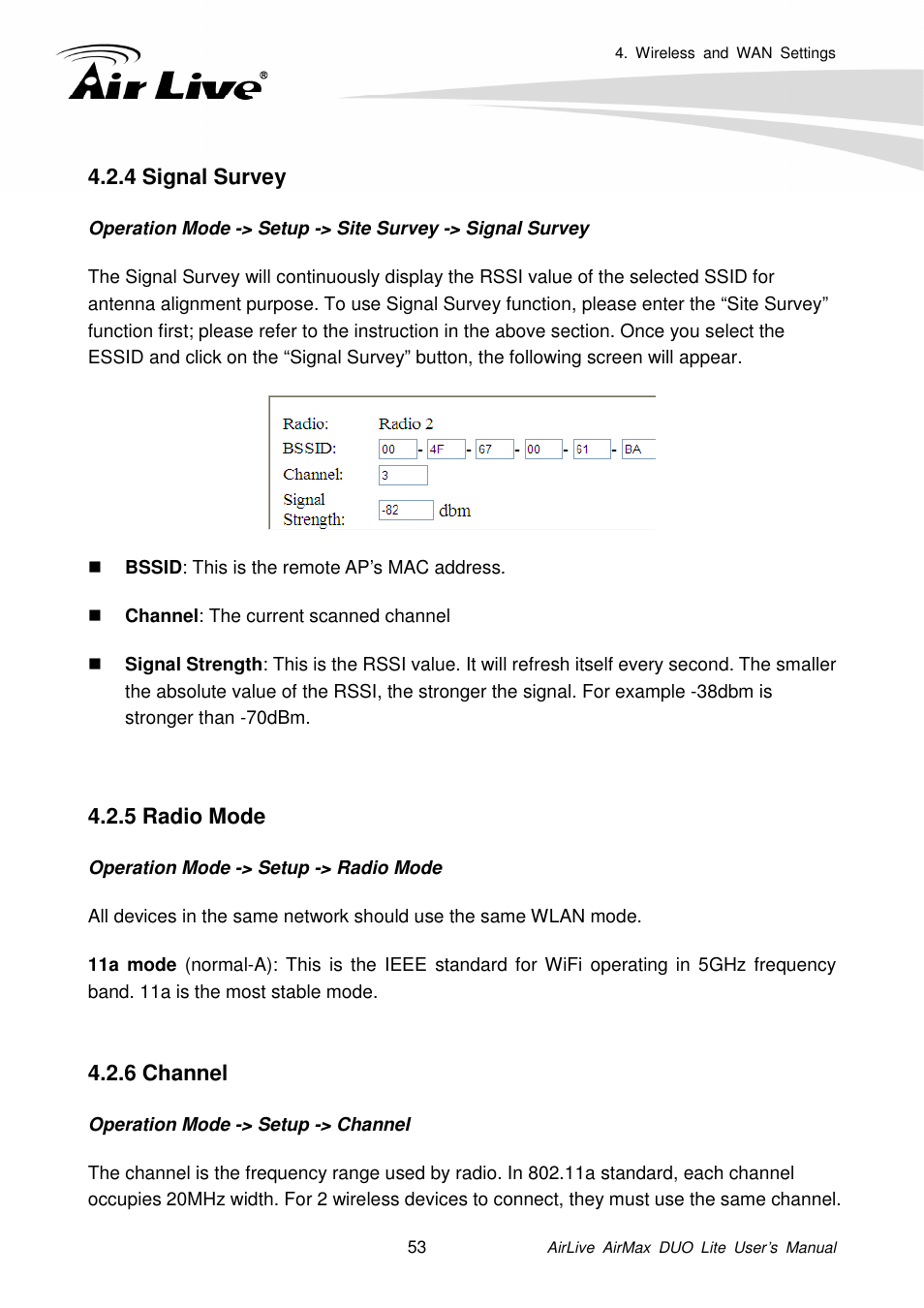 4 signal survey, 5 radio mode, 6 channel | AirLive AirMax DUO Lite User Manual | Page 61 / 207