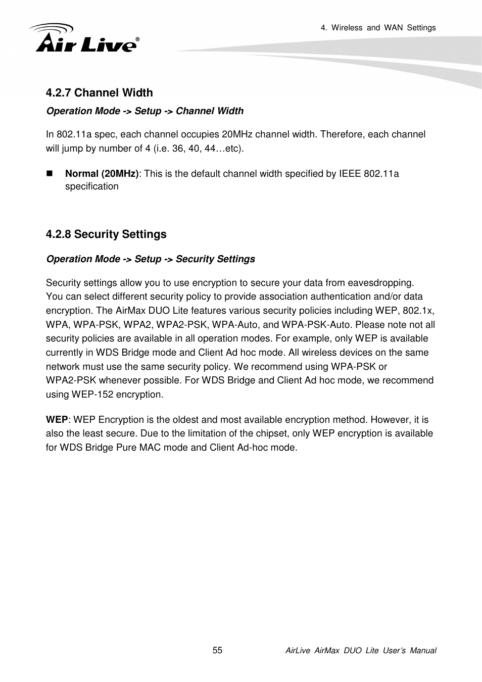 7 channel widt, 8 security settings, 7 channel width | AirLive AirMax DUO Lite User Manual | Page 63 / 207