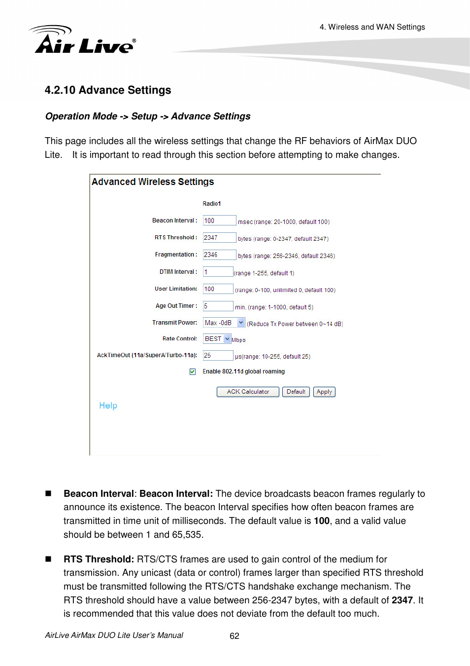 10 advance settings | AirLive AirMax DUO Lite User Manual | Page 70 / 207