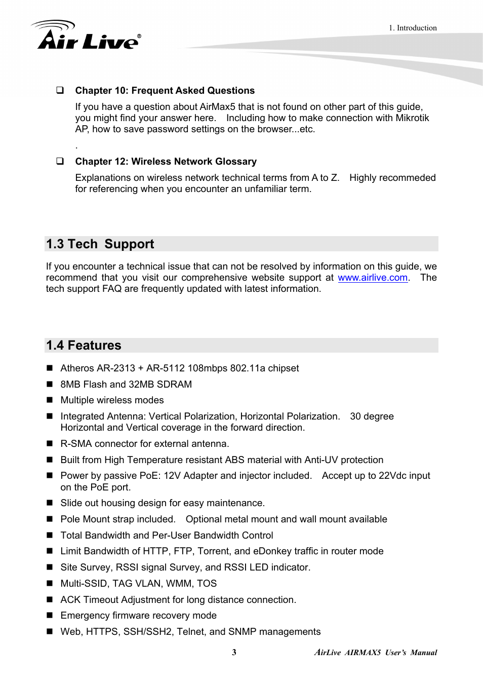 3 tech support, 4 features | AirLive AirMax5 User Manual | Page 10 / 146