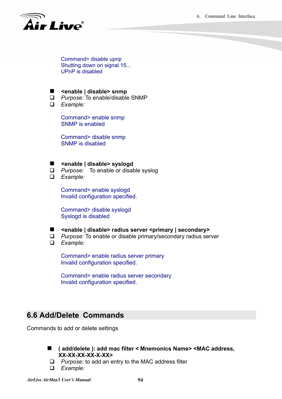 6 add/delete commands, 6 add/d, Elete commands | AirLive AirMax5 User Manual | Page 101 / 146