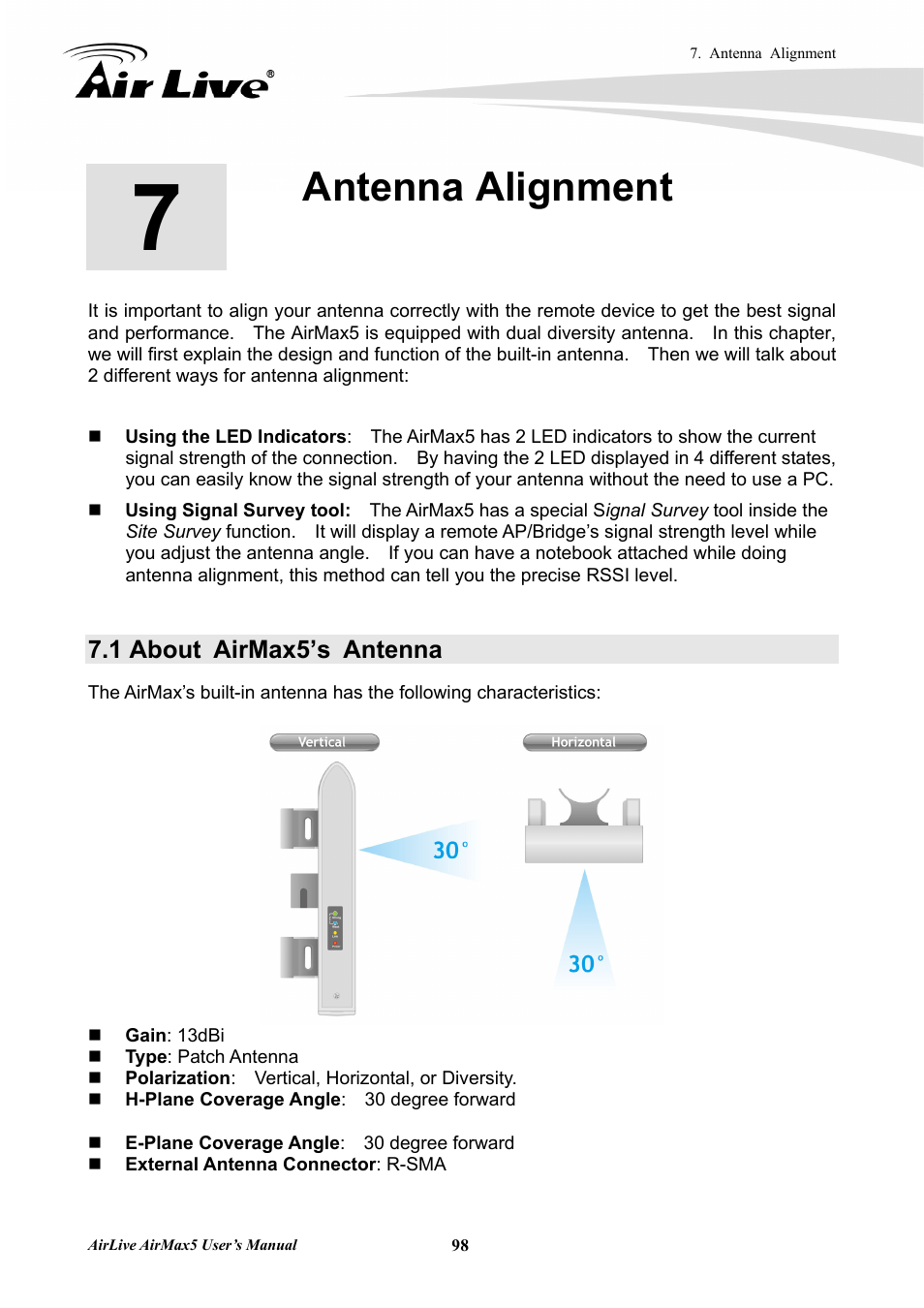 Antenna alignment, 1 about airmax5’s antenna | AirLive AirMax5 User Manual | Page 105 / 146